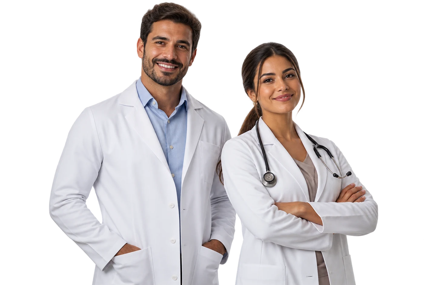 Médico e médica de jaleco, lado a lado
