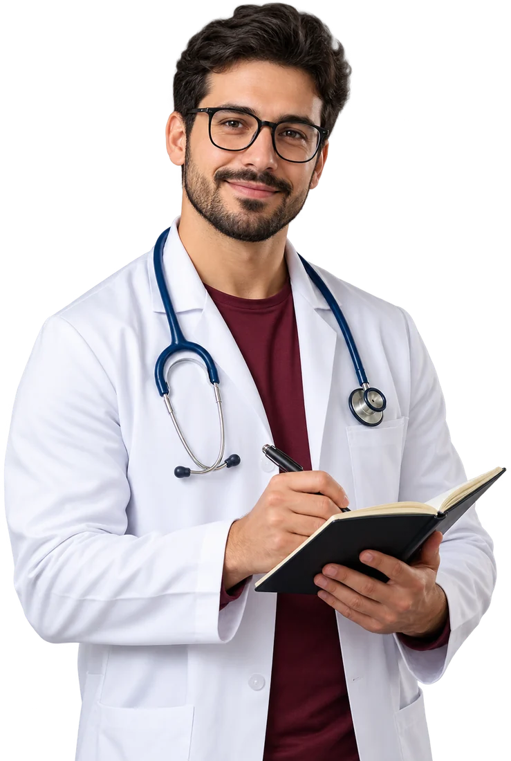 Médico de óculos anotando em um caderno