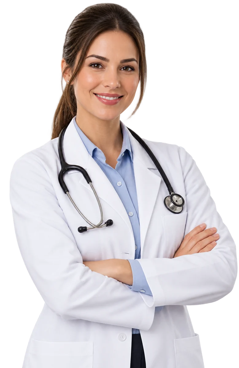 Médica sorrindo, de jaleco, com os braços cruzados
