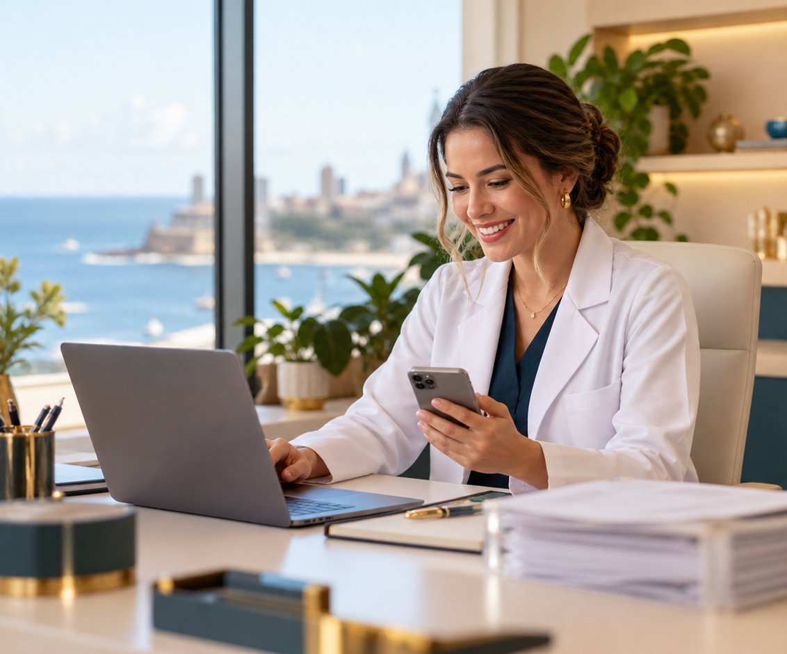 Médica conferindo os repasses da empresa no notebook